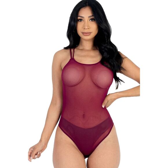 NEW Capella Large Sheer Burgundy Bodysuit Soft Mesh Crisscross Back Holiday - Picture 2 of 9